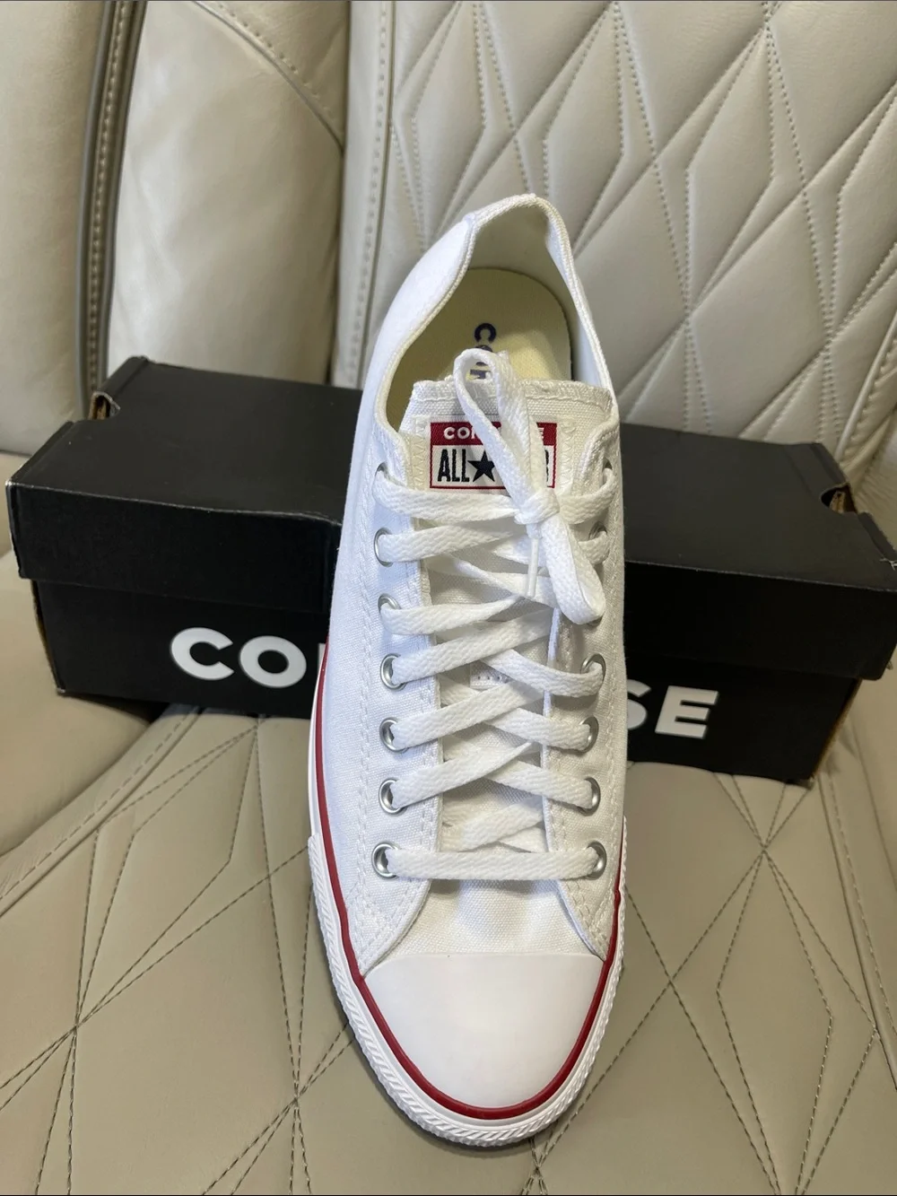 Converse White Low Top Sneakers with Red & Navy Stripes - Picture 8 of 10